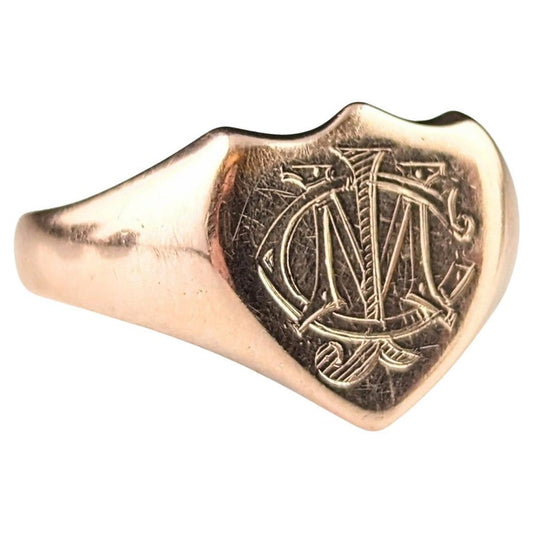 Antique 9ct rose gold signet ring, Shield shaped, Monogrammed CJM