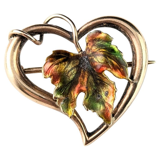 Antique 9ct gold Witches heart brooch, maple leaf, enamel