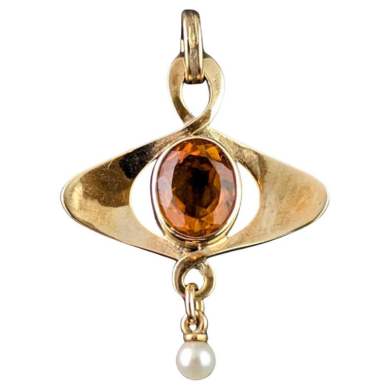 Vintage Citrine and Pearl pendant, 9ct gold, Art Nouveau style