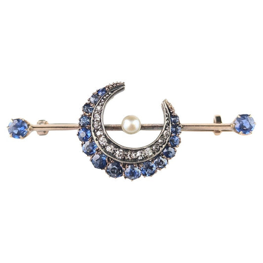 Antique Sapphire and Diamond crescent brooch, 15ct gold, Victorian