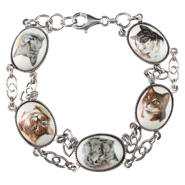 Vintage sterling silver Cat panel bracelet, enamel