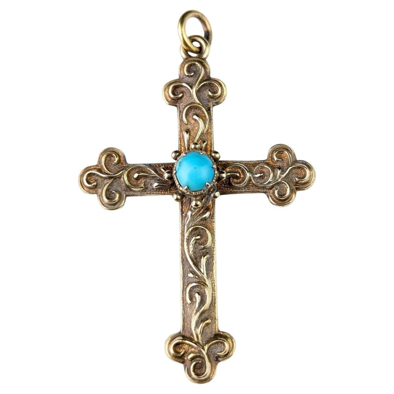 Antique 18ct gold cross pendant, Turquoise, Victorian, Mourning