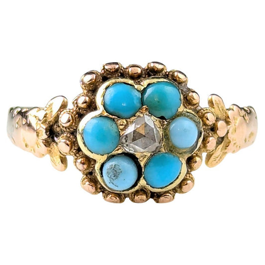 Antique Regency Turquoise and Diamond flower ring, 18ct gold