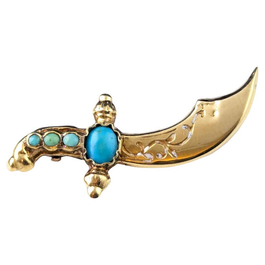 Antique turquoise dagger brooch, 9ct gold