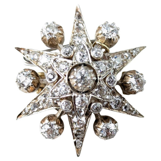 Antique Diamond Star brooch, sterling silver on gold, Victorian