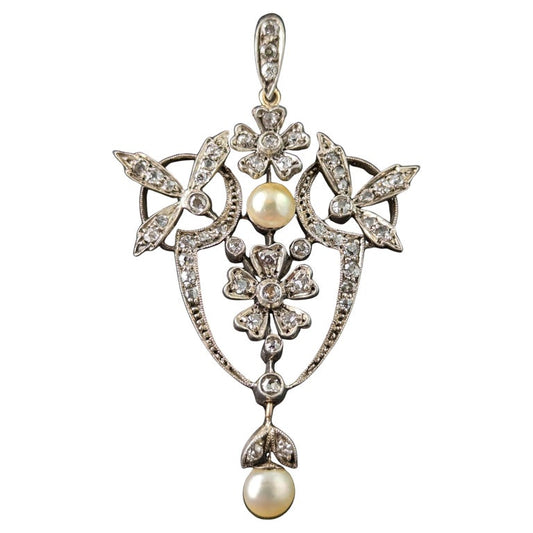 Antique Art Nouveau Diamond and Pearl pendant, floral