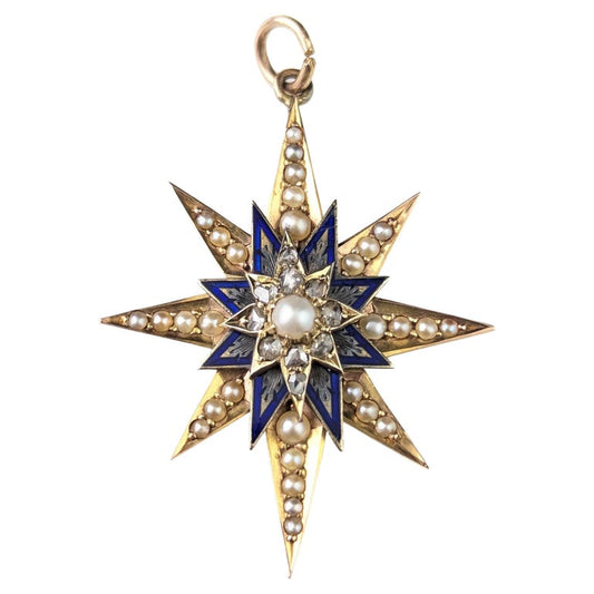 Antique North Star pendant, Diamond, Blue enamel and Pearl, 9ct gold