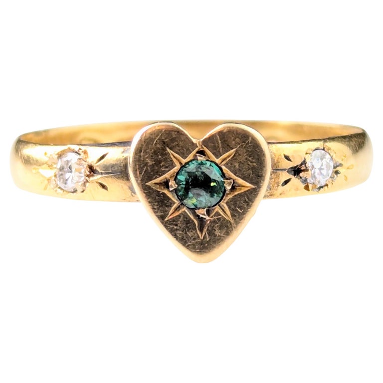 Antique Emerald and Diamond heart ring, 22ct gold, Victorian