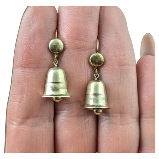 Vintage 9ct yellow gold Bell earrings, dangle, Mid century