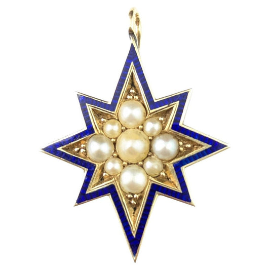 Antique Split Pearl star pendant, 9ct gold, Blue enamel