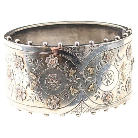 Antique Victorian sterling silver bangle, Chunky, Floral