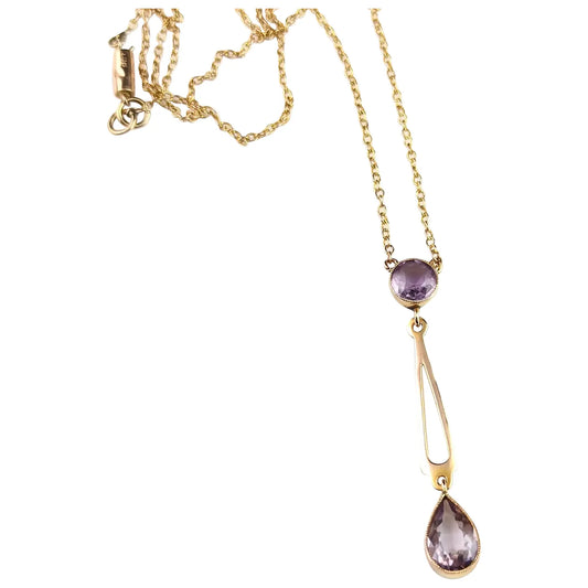 Antique Amethyst drop necklace, 9ct gold, lariat