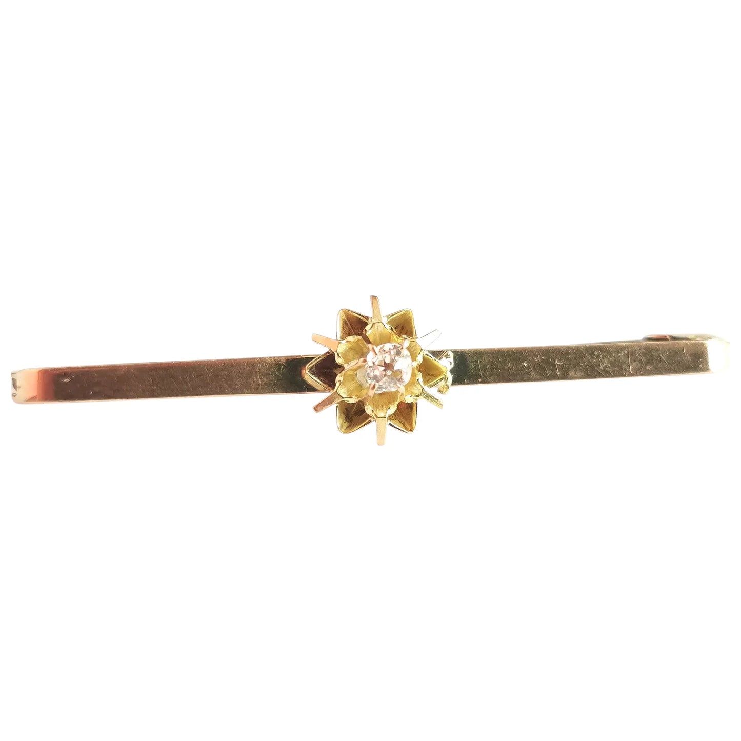 Antique Diamond bar brooch, 9ct yellow gold, Edwardian