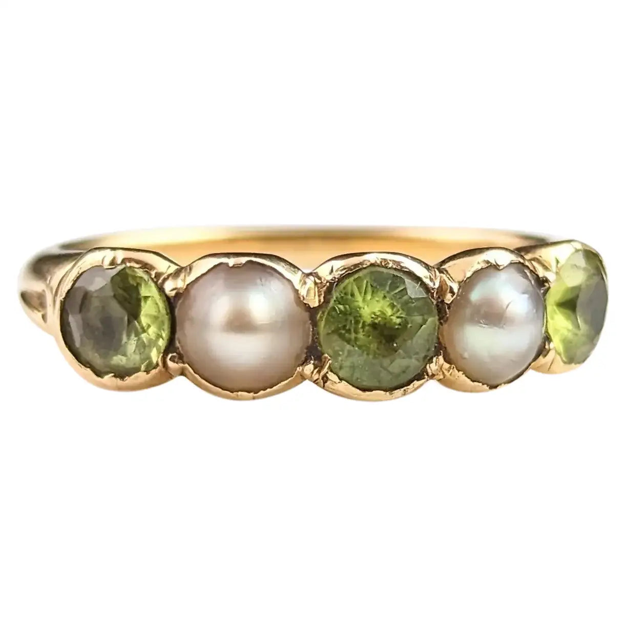 Antique Peridot and split Pearl half hoop ring, 18ct gold