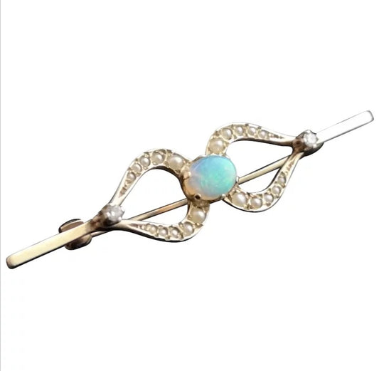 Vintage gold Opal, diamond and pearl brooch