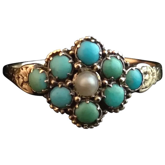 Antique turquoise and pearl ring, 15ct gold