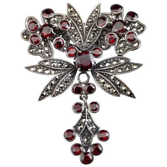 Antique Art Nouveau garnet and pyrite dropper brooch