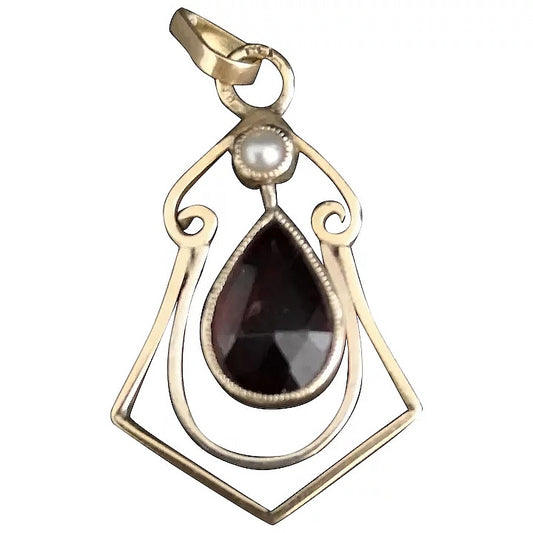 Antique Art Nouveau garnet and seed pearl pendant, 9ct