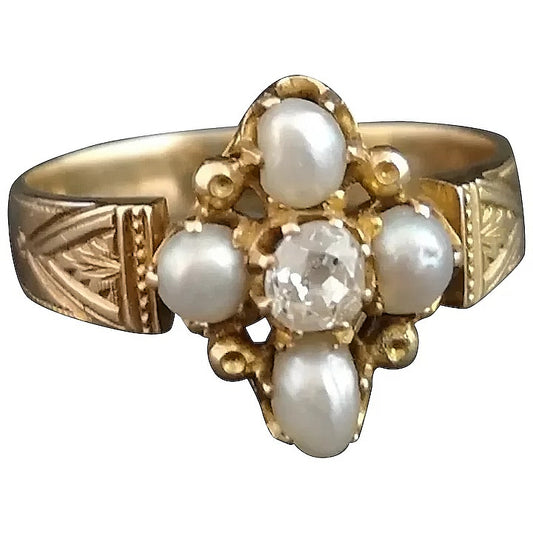 Sold on layaway - Victorian diamond and pearl navette ring, 15ct gold