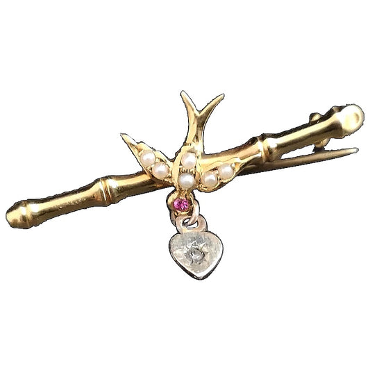 Antique Irish 9ct gold swallow brooch, Ruby, pearl and diamond