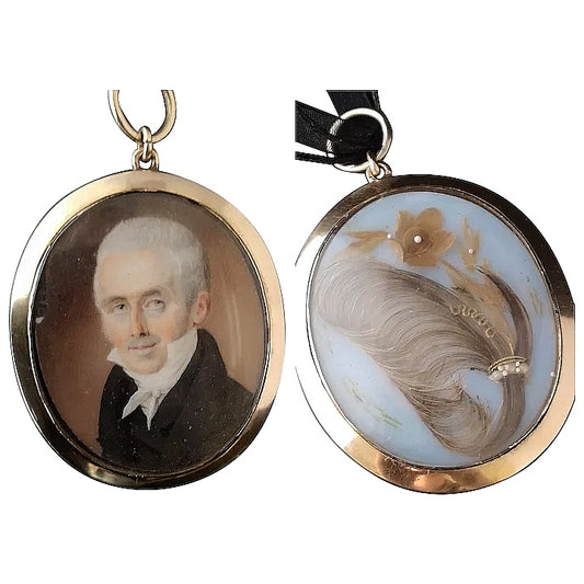 Georgian gold mourning locket, portrait pendant, hairwork, 15ct