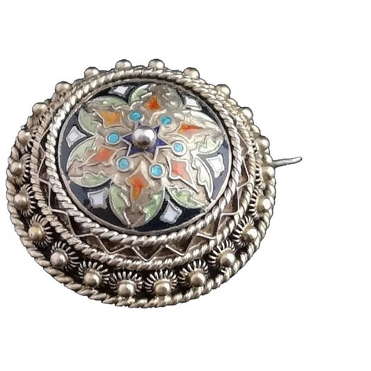 Antique Champleve enamel brooch, silver gilt