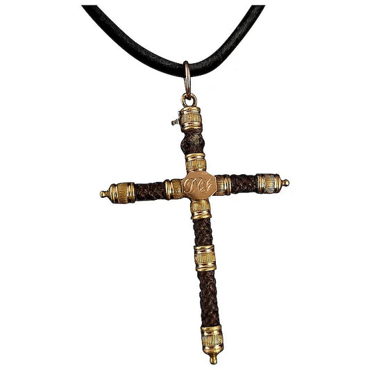 Antique Georgian mourning Cross pendant, hairwork, 9ct gold