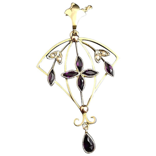 Antique Art Nouveau lavalier pendant, 9ct gold, Amethyst and pearl