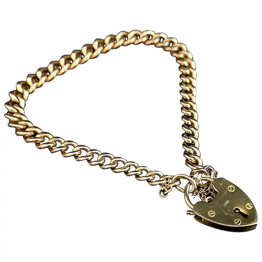 Antique 9ct gold curb link bracelet, heart padlock clasp