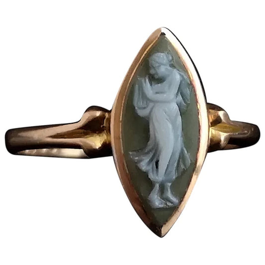 Antique Cameo navette ring, 9ct Rose gold, Green agate