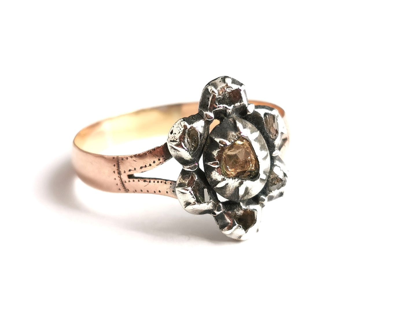 Antique Georgian Rose cut diamond navette ring, 9ct Rose gold