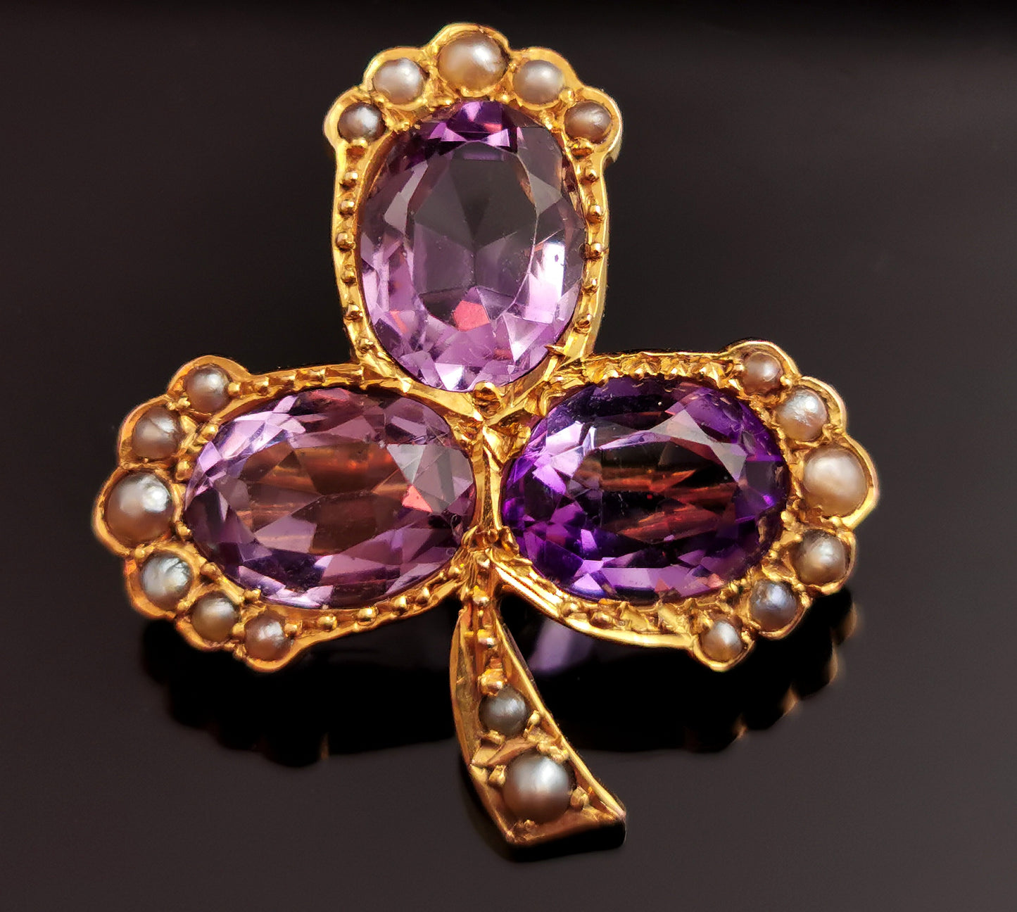 Antique Amethyst and pearl Shamrock brooch, clover, 15ct gold, Victorian