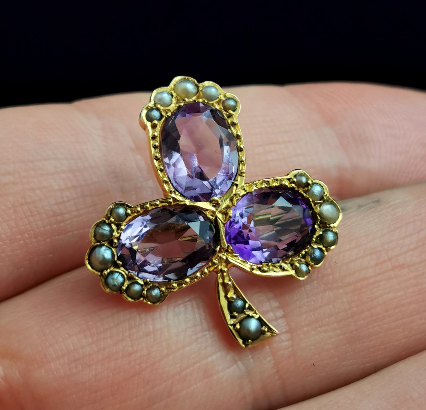 Antique Amethyst and pearl Shamrock brooch, clover, 15ct gold, Victorian